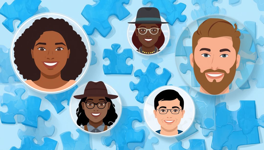 Diverse Animated Team on Puzzle Background Illustrating Collaboration