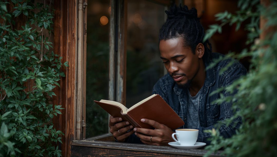Reading man with dreadlocks at rustic cafe window holding hardcover book and coffee