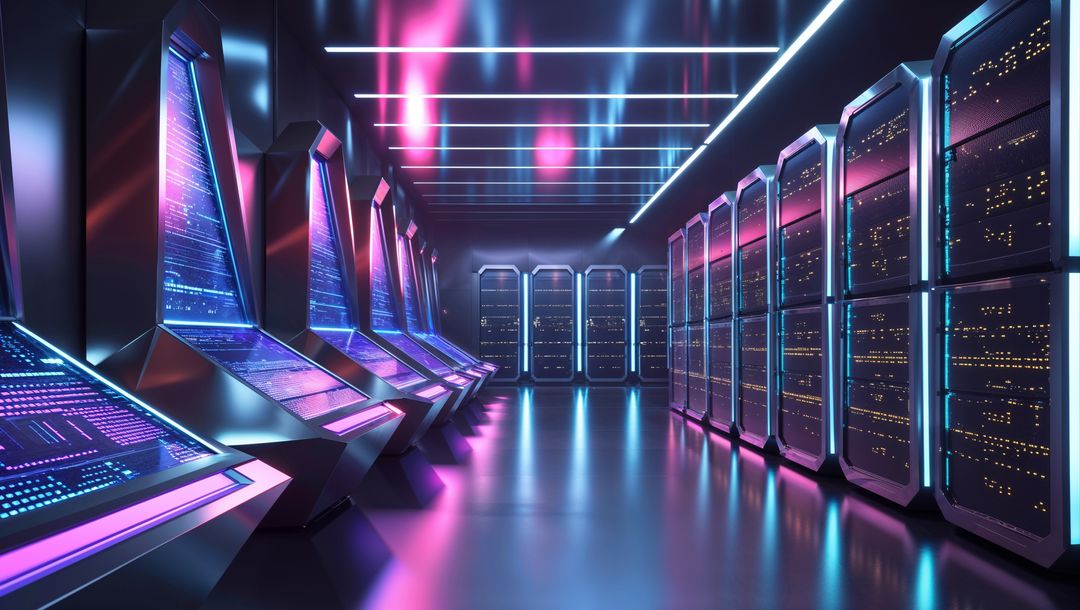 Futuristic neon-lit data center corridor with led panels for website designs