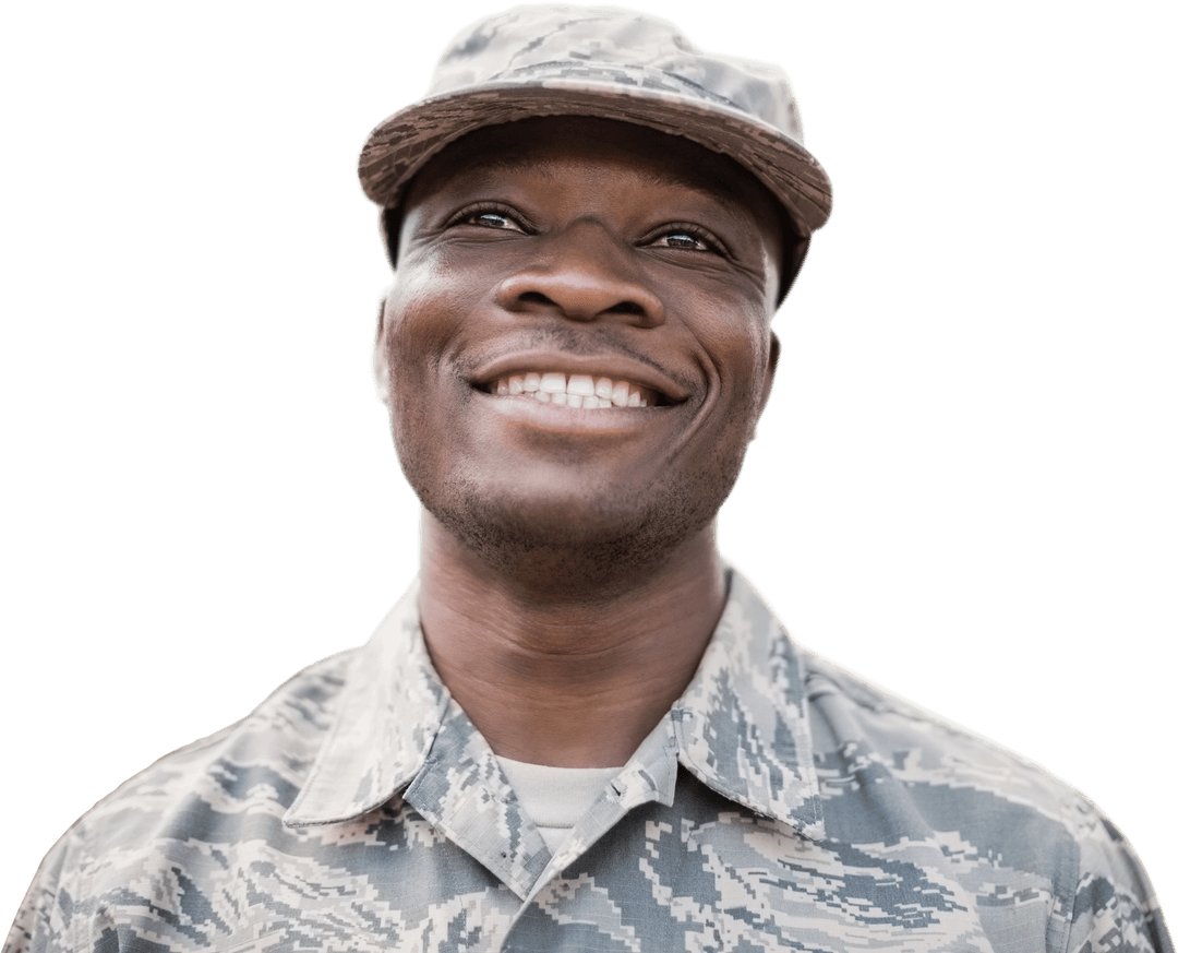 Transparent Joyful Soldier Smiling Proudly in Military Uniform