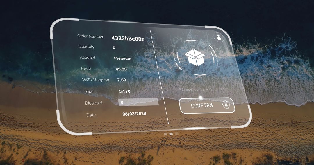 Digital Interface Hovers Above Seaside Landscape with Infographic