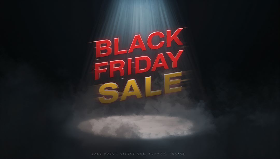 Hovering 3D Black Friday Sale Text Tilting Forward Above Stage Spotlight Fog Smoke