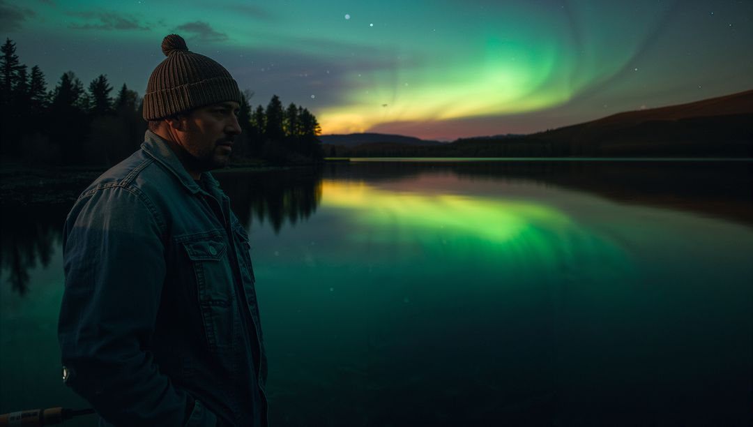 Man Gazing at Northern Lights over Calm Lake with Reflection and Forest Silhouette
