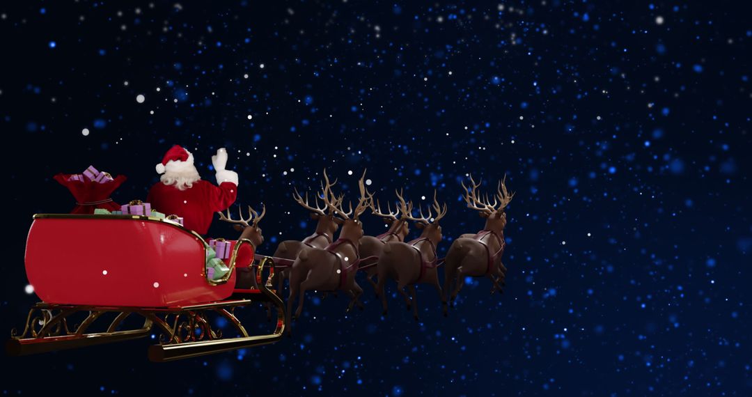 Santa Claus Flying with Reindeer Through Night Sky