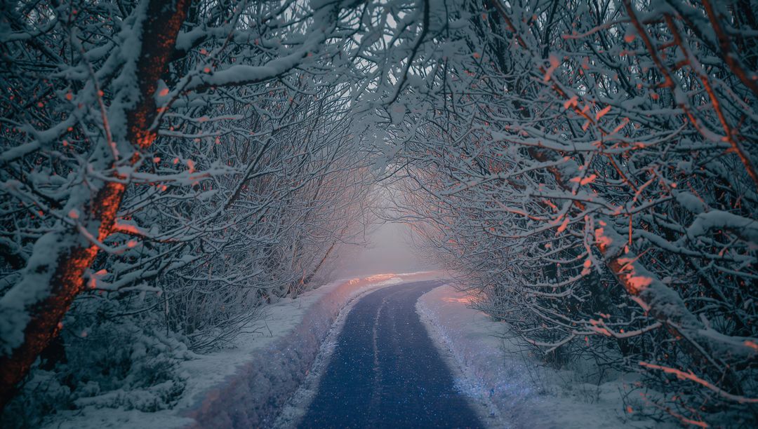 Misty Winter Forest Pathway with Snow-Covered Branches and Warm Lights