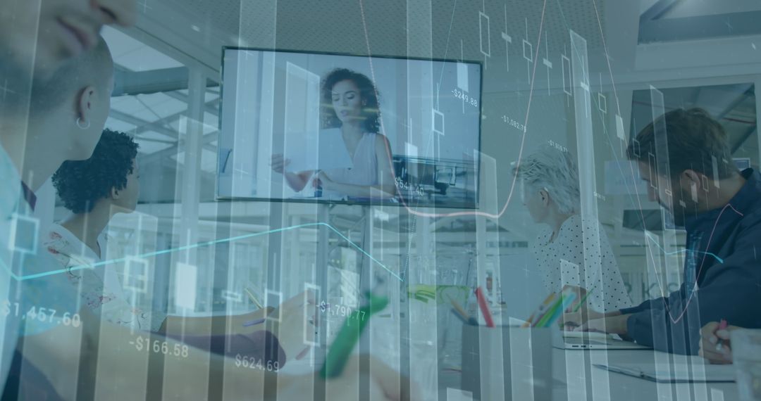 Diverse Workforce in Strategy Meeting Overlaid with Financial Graphs