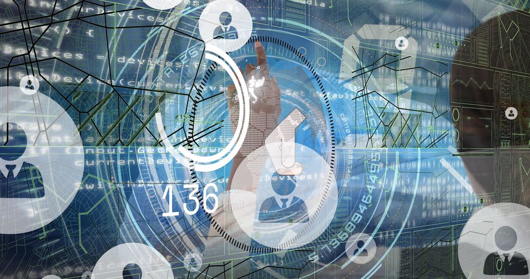 Hand Interacting with Futuristic User Interface Featuring Technological Overlays