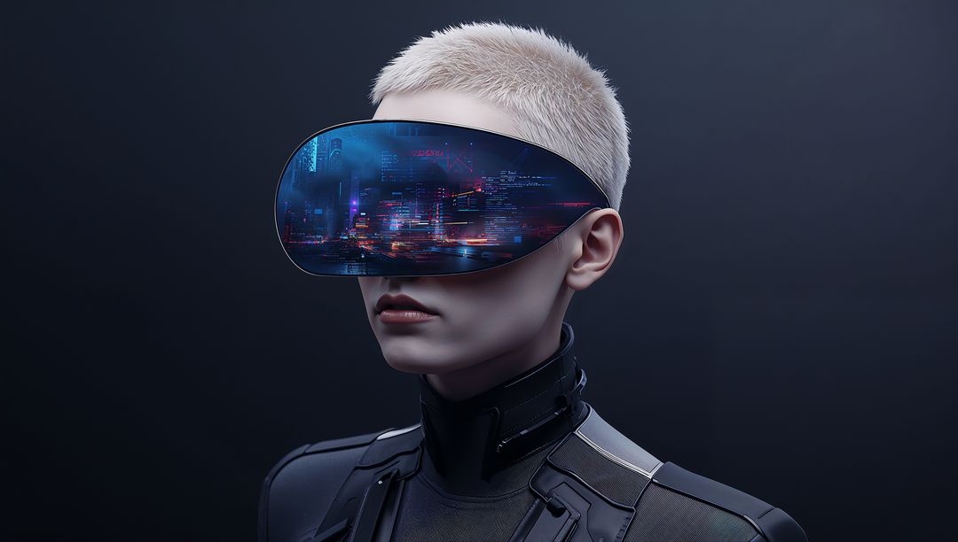 Futuristic cyberpunk portrait with curved visor reflecting neon cityscape, androgynous model