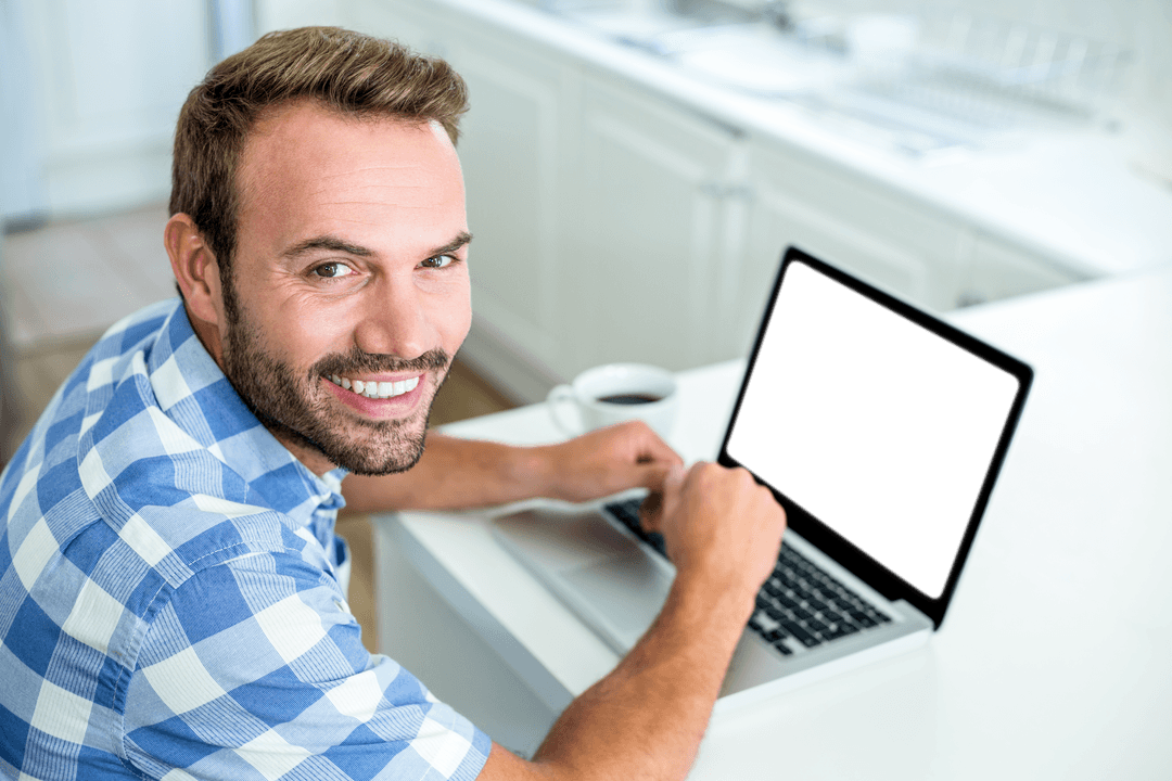 Transparent Background Smiling Man with Laptop at Kitchen Table