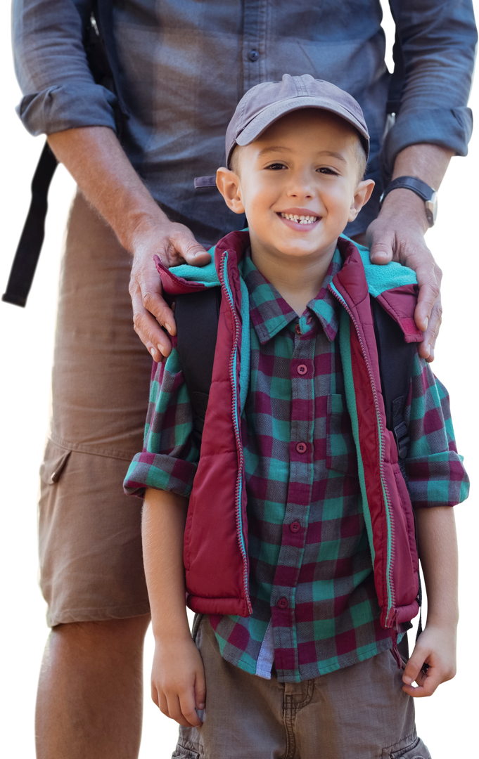 Smiling Son in Red Vest and Backpack With Dotting Father in Transparent Background - Download Free Stock Images Pikwizard.com