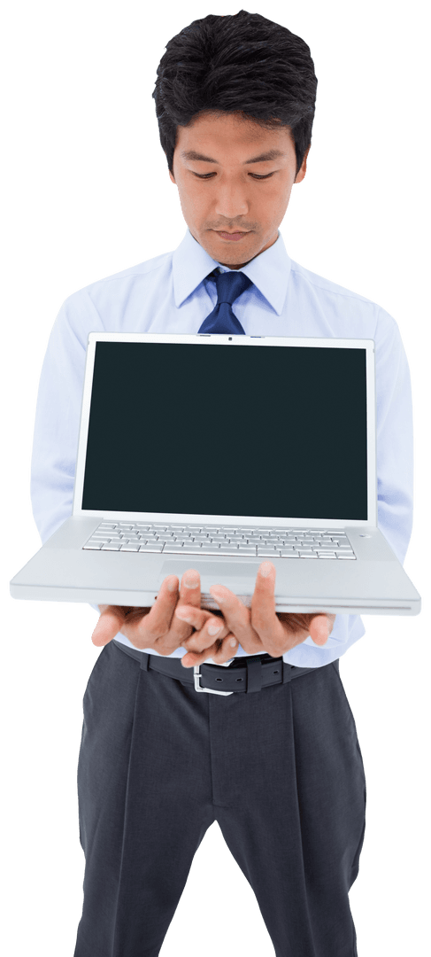 Transparent Businessman Presenting Laptop Digital Technology