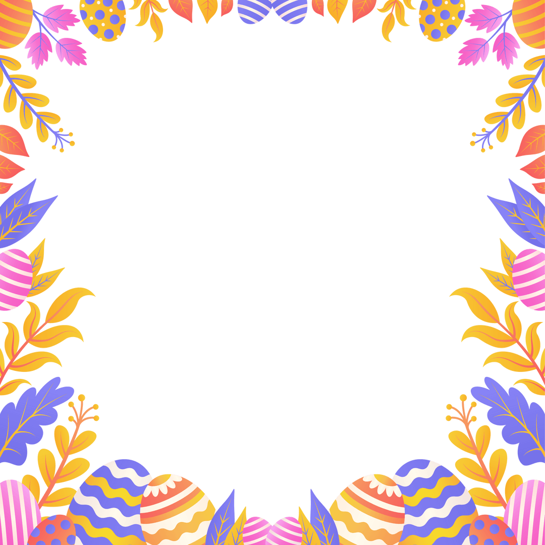 Easter Frame with Eggs and Leaves on Transparent Background