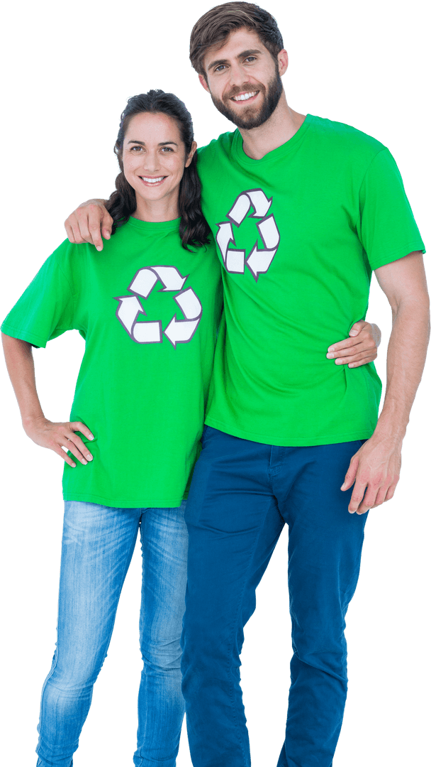 Smiling Couple in Matching Recycling T-Shirts Transparent Background