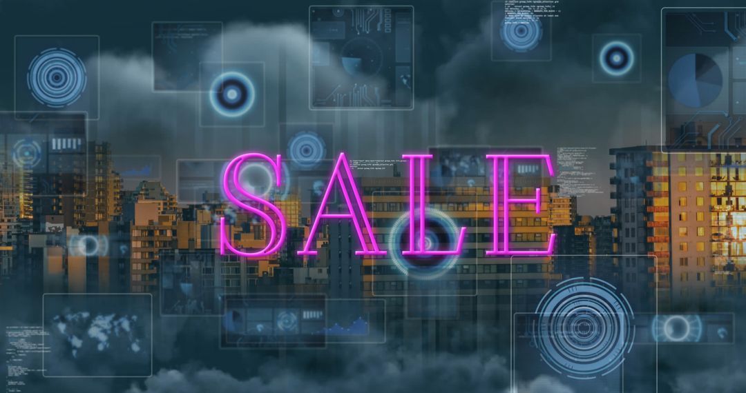 Digital Data Overlay on Cityscape with Sale Highlight