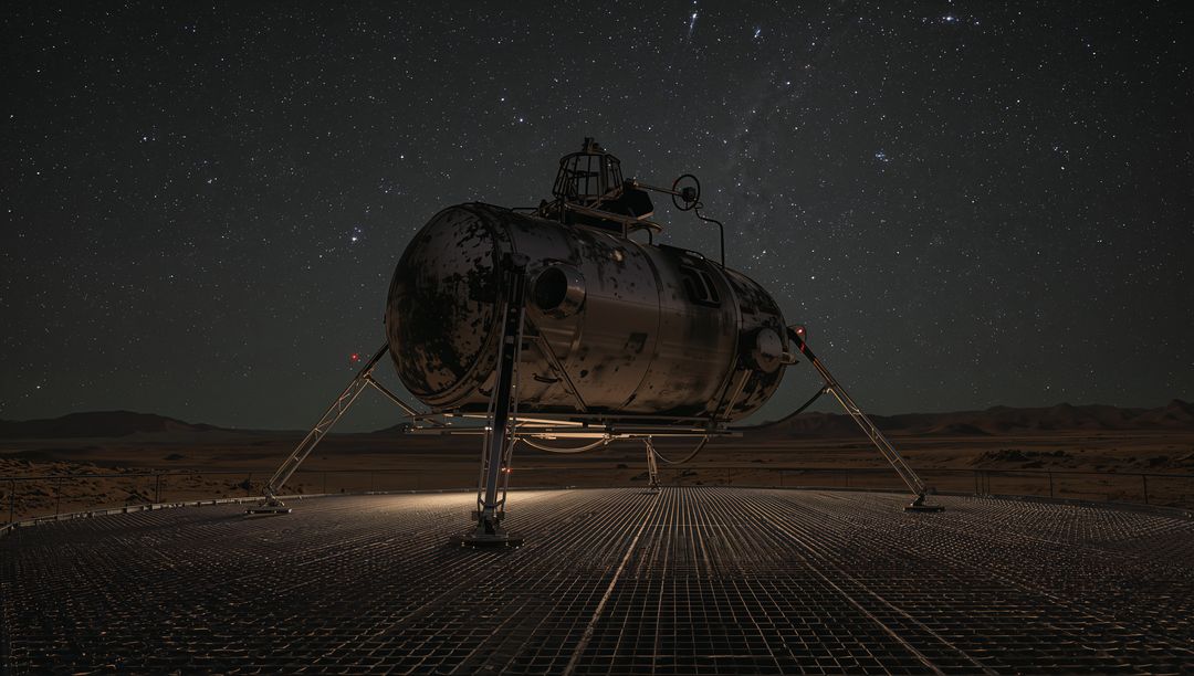 Retro-futuristic landing module perched on metal grid platform under star-filled desert night sky