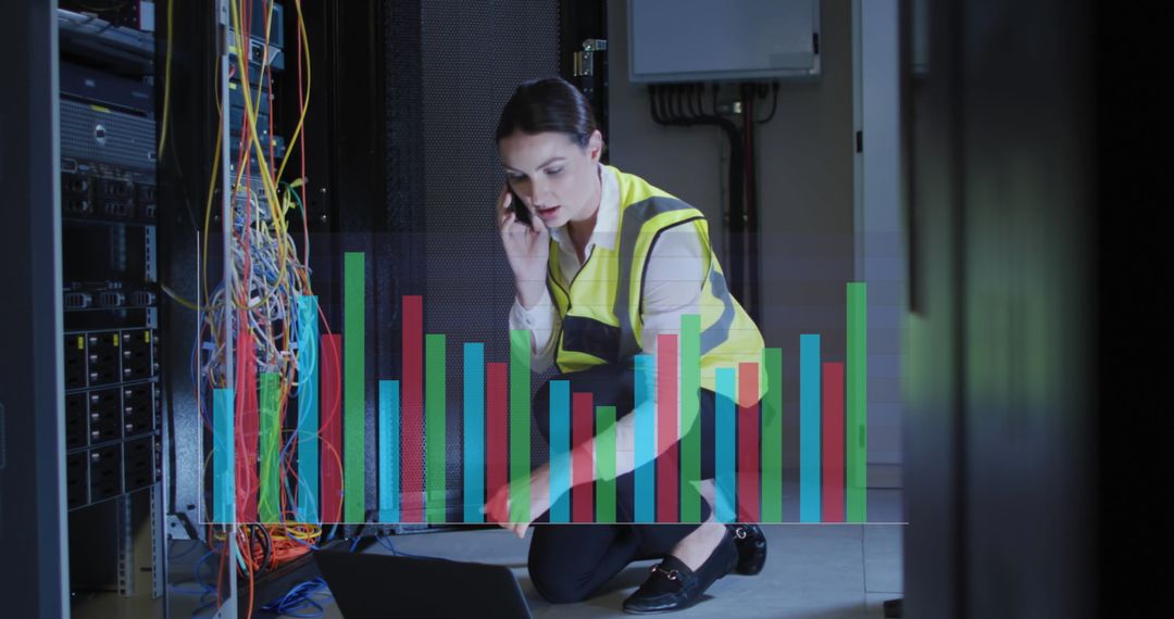 Woman Analyzing Data in Server Room with Virtual Graph