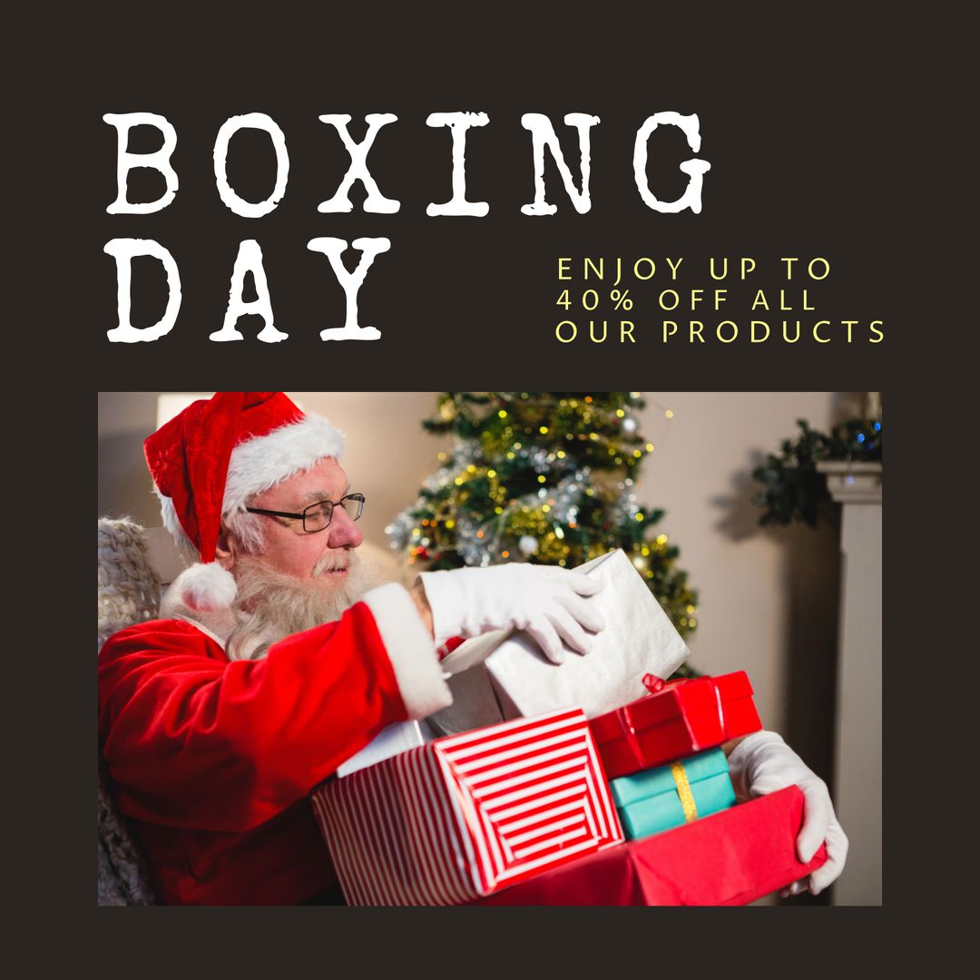 Boxing Day Sale with Santa Claus Unpacking Gifts by Tree