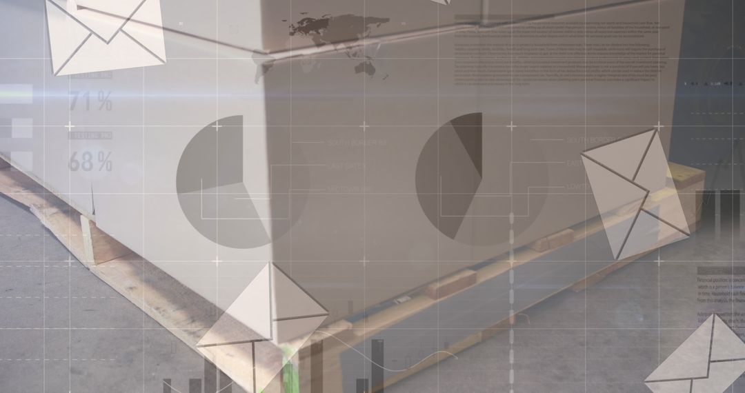 Cardboard Boxes on Pallet with Digital Graphs and Email Icons Overlay
