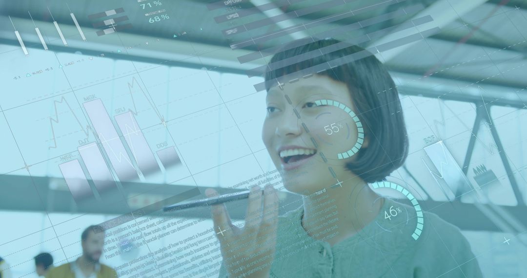 Businesswoman Using Mobile Tech with Digital Graph Overlays