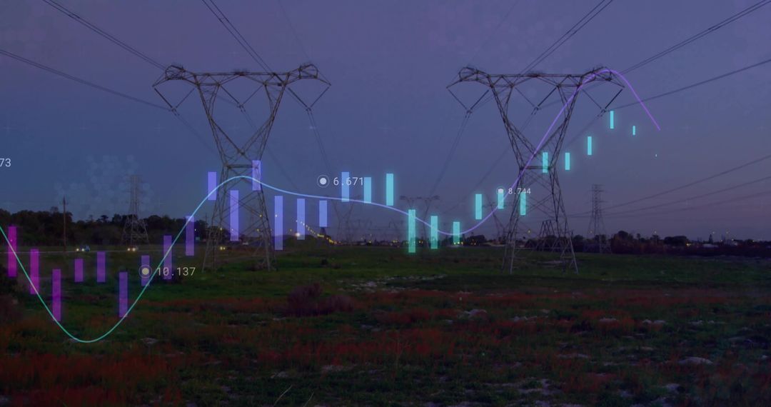 Power Lines and Data Visualization Overlay at Twilight