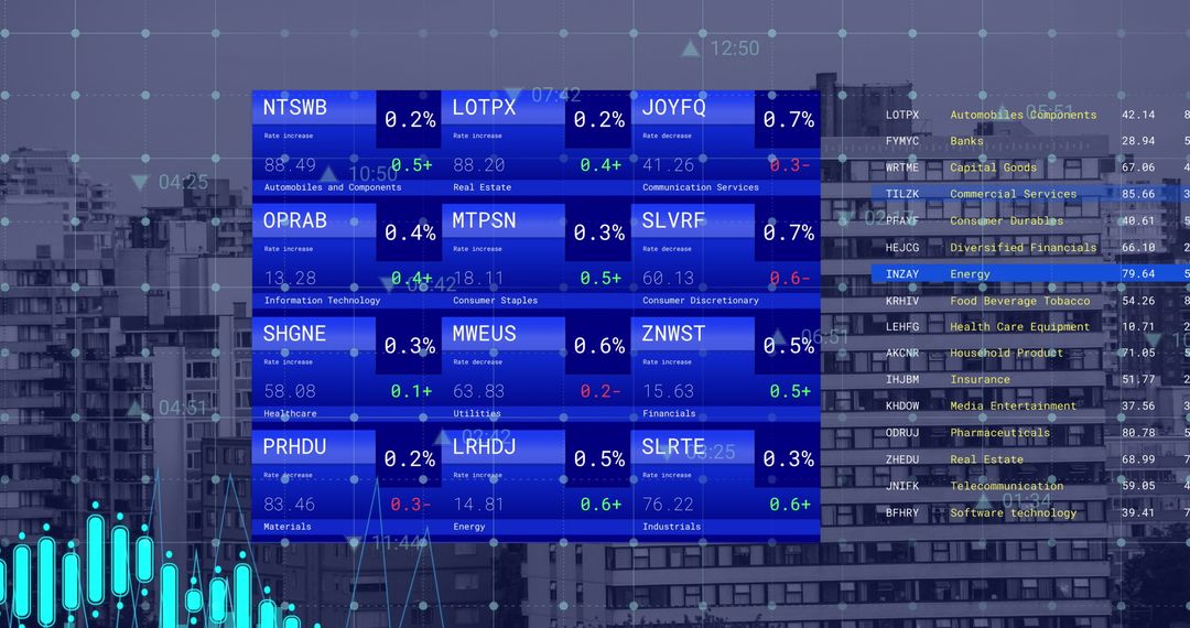 Digital Financial Data Displayed over City Skyline