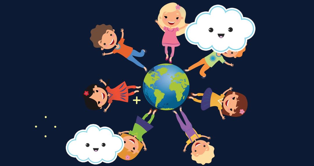 Diverse Children and Smiling Clouds around Globe for Environmental Joy