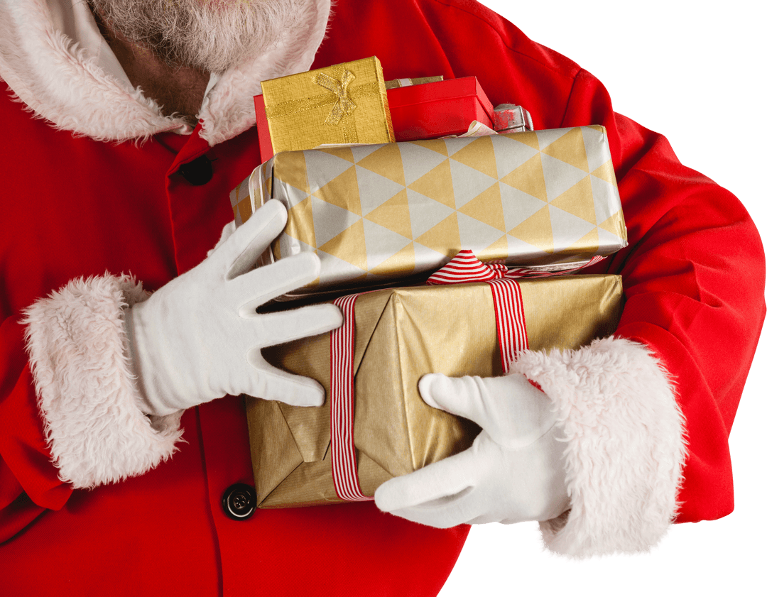 Santa Claus Holding Pile of Colorful Christmas Gifts Transparent Background