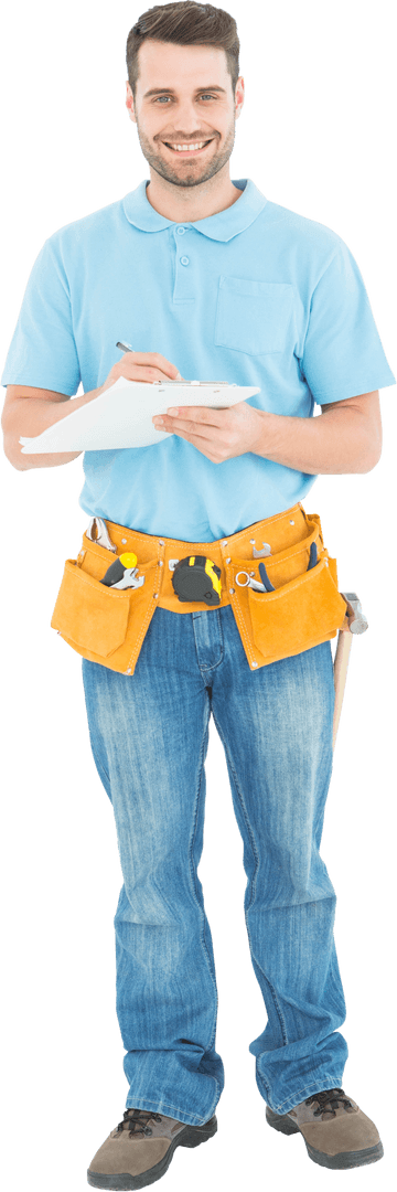 Smiling Carpenter Writing on Clipboard with Tool Belt, Full Body Transparent