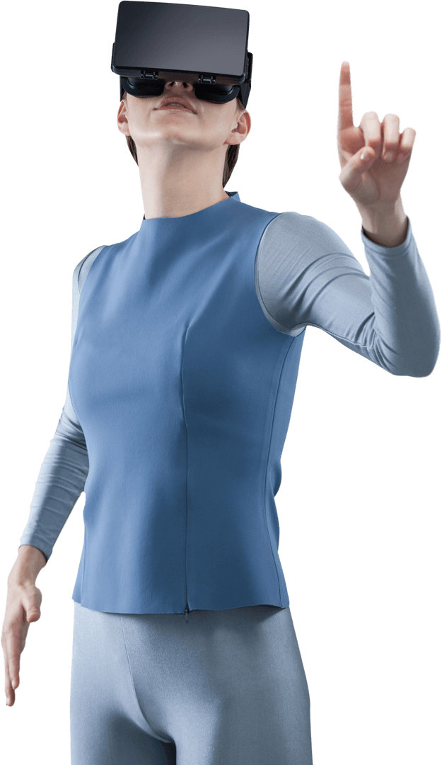 Transparent Woman Interacting with Virtual Reality Simulation