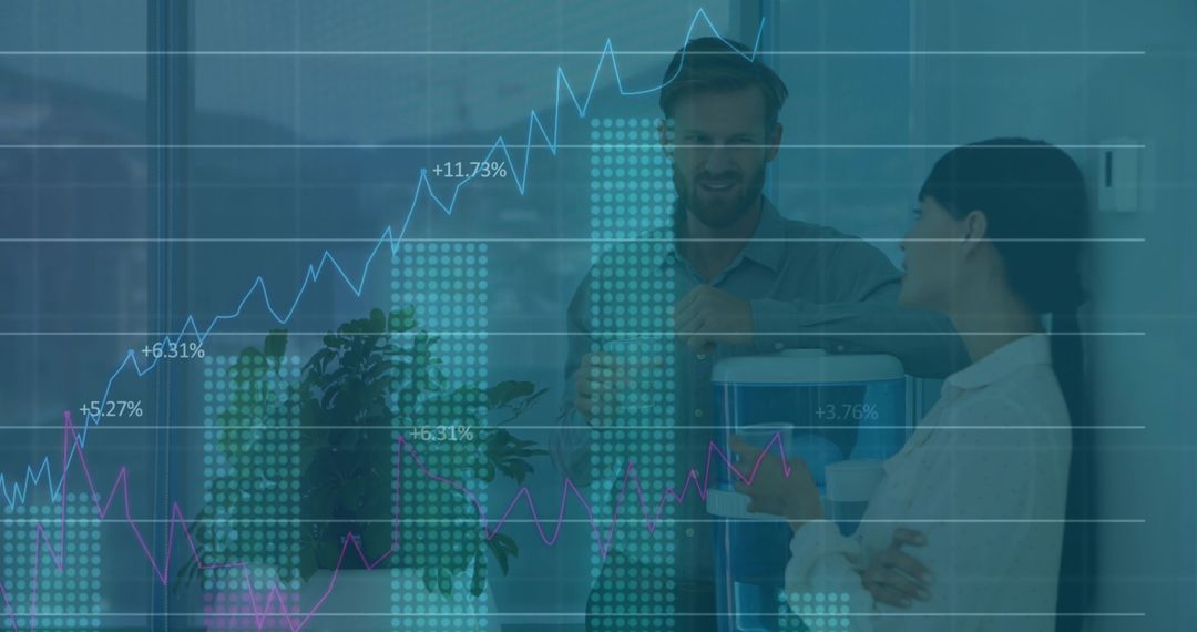 Collaborating at water cooler while analyzing rising financial charts and city skyline