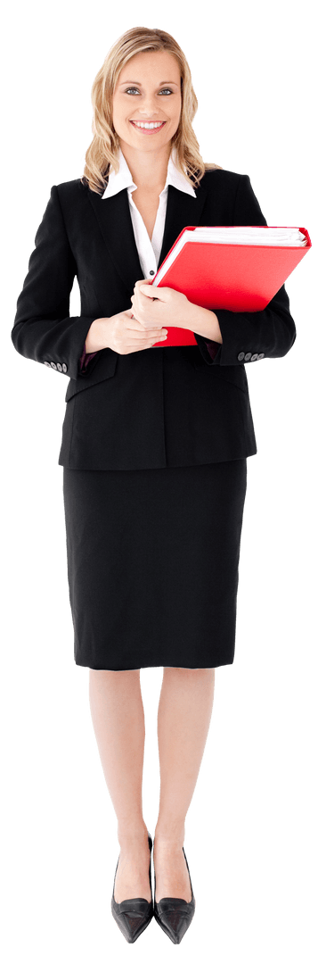 Smiling Businesswoman Holding Red Folders on Transparent Background