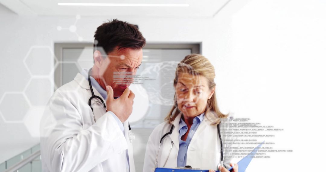 Doctors Analyzing Reports with Digital Overlays