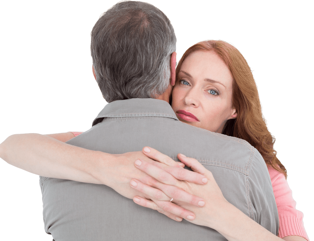 Embracing Couple with Woman Looking Thoughtful Transparent Background