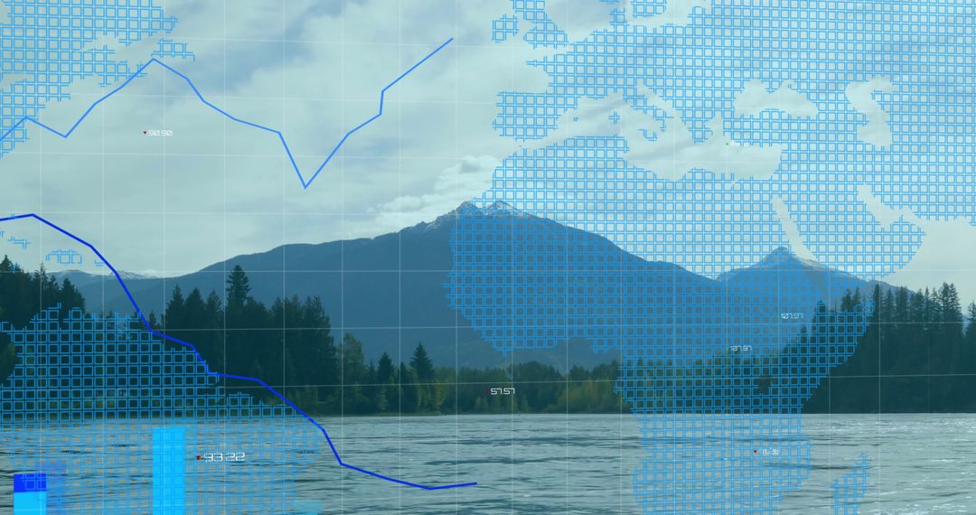 Mountain Lake Landscape Integrating Digital Interface Elements