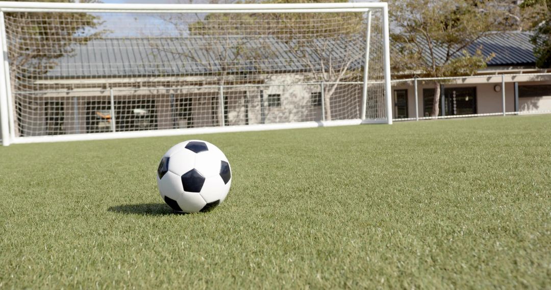 Classic black-and-white soccer ball resting on school sports pitch in front of goal net