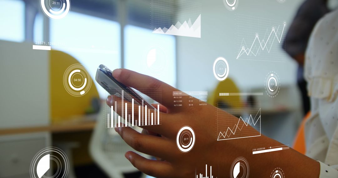 Businesswoman Using Smartphone with Data Analytics Overlay