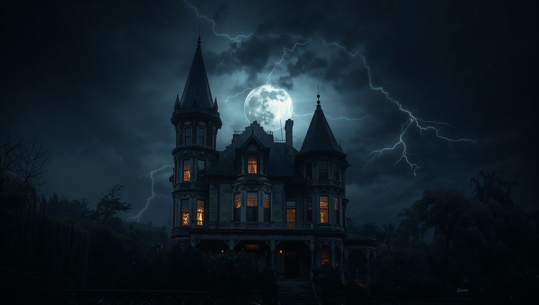 Gothic Victorian Mansion Illuminated by Storm and Moonlight