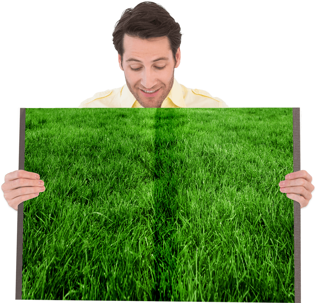 Caucasian Guy Holding Green Grass Image on Transparent Background