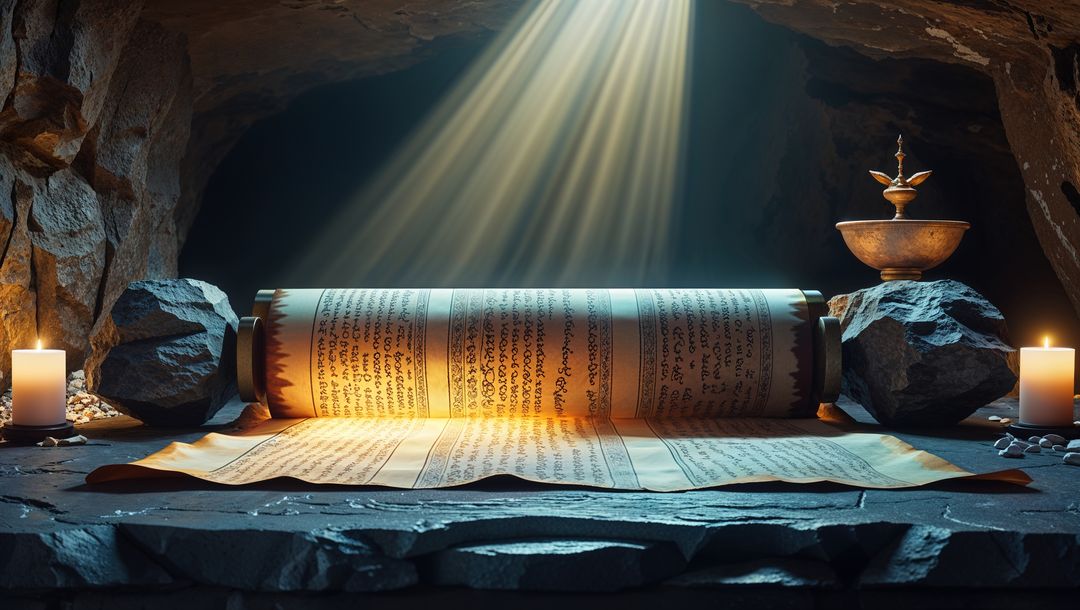 Ancient Parchment Scrolls on Altar in Mystical Cave with Candles
