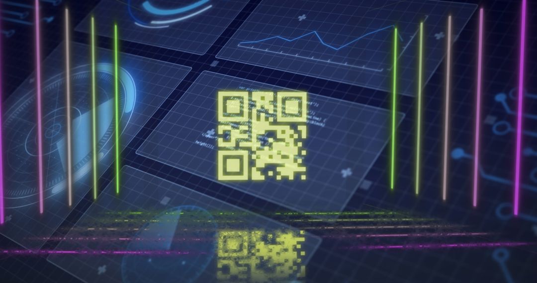 Futuristic Interface with Glowing QR Code and Holographic Charts