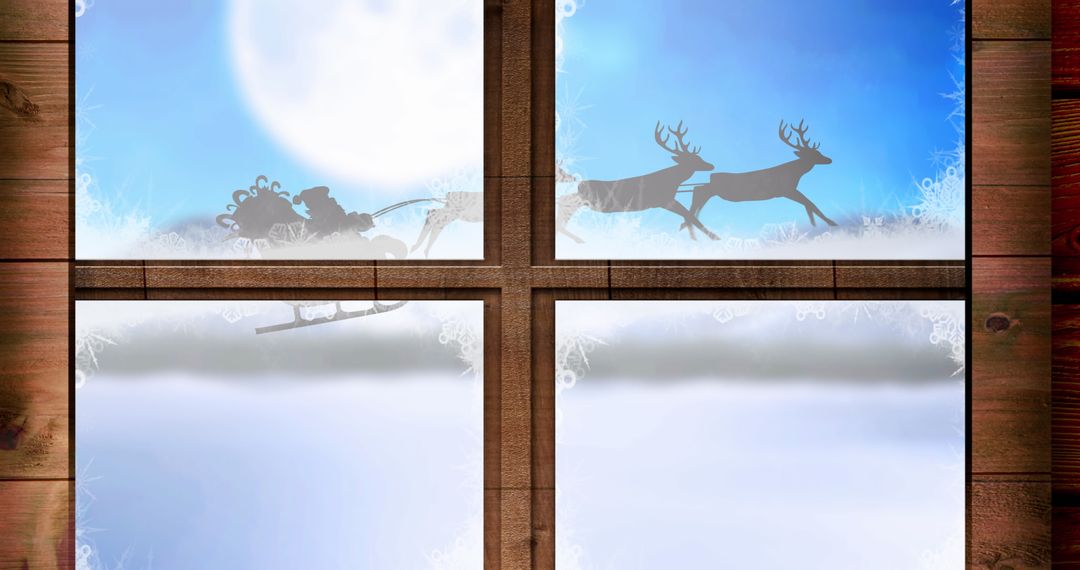 Santa Sleigh and Reindeer Silhouette Viewed Through Frosted Window