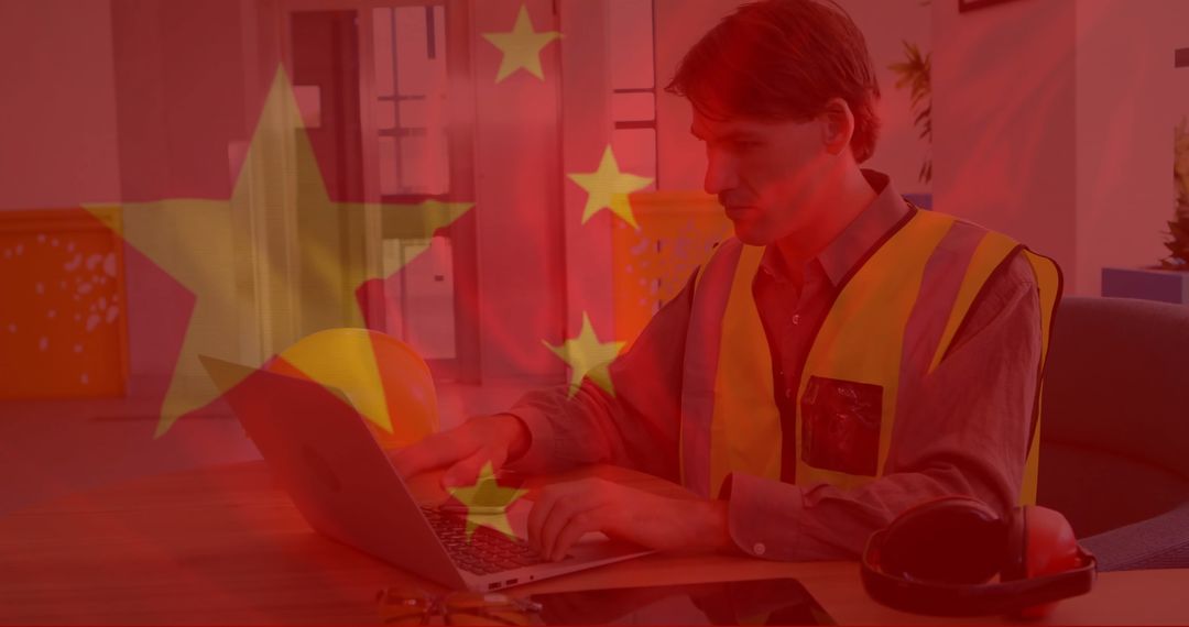 Construction Engineer Using Technology with Chinese Flag Overlay