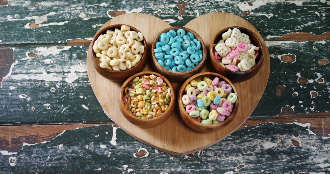 Colorful Assortment of Breakfast Cereals in Wooden Bowls on Heart-Shaped Tray - Free Images, Stock Photos and Pictures on Pikwizard.com