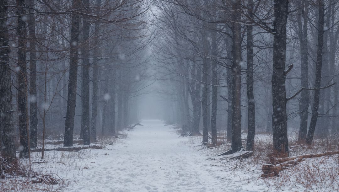 Snowy Forest Pathway Leading into Foggy Woods with Bare Trees and Footprints