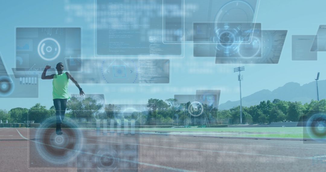 Athlete Running on Track with Digital Data Integration