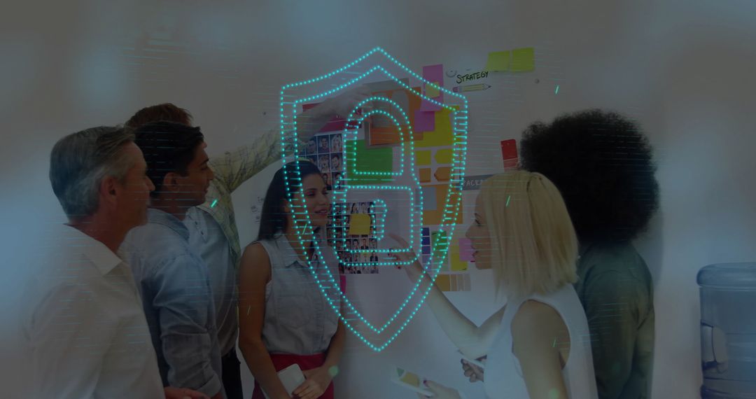 Diverse Team Discussing Strategy with Digital Security Overlay