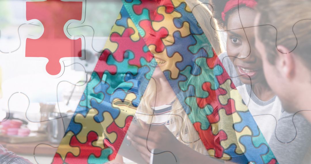 Diverse Team Collaborating with Autism Support Symbol