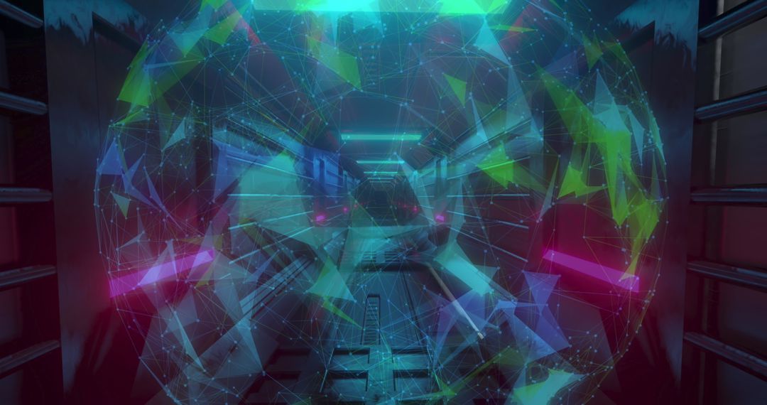 Abstract Digital Globe with Neon Plexus Over Futuristic Tunnel