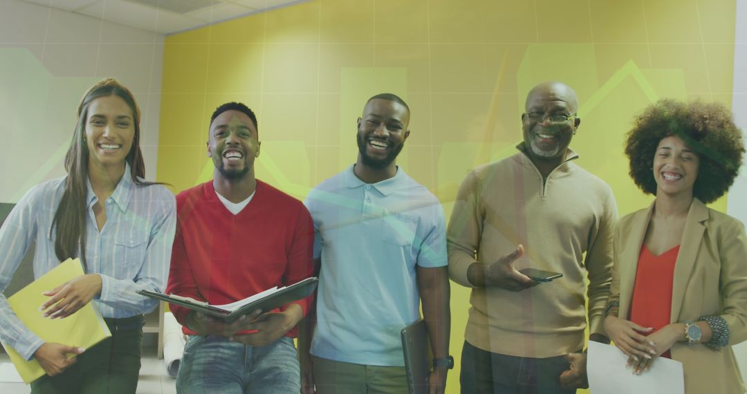 Diverse Coworkers Smiling in Modern Office with Graph Overlay