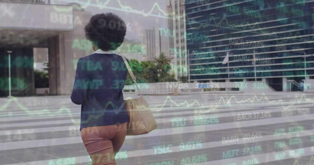 African American Woman Crossing Road with Stock Market Overlay